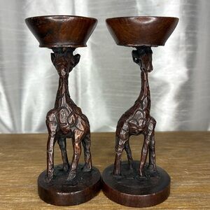 Vintage Art Deco Wooden Giraffe 6” Candle Holder Hand Carved Dark Wood Set of 2